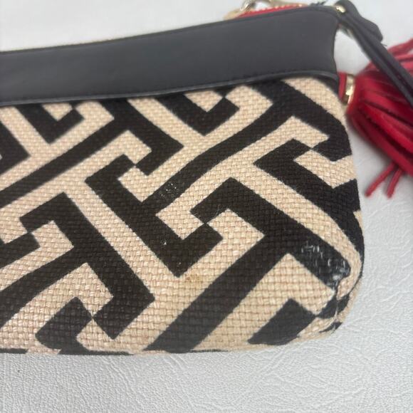 Spartina Wristlet Clutch with Tassel Beige Black Red Geometric Leather Linen Zip - Picture 10 of 12